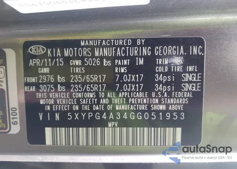 2016 Kia Sorento 2.4L Lx from USA, damaged, VIN 5XYPG4A34GG051953